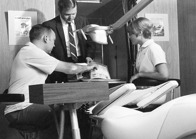 interior of a mobile dentist office vehicle in 1969